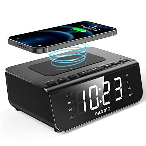 GIISSMO 디지털 무선 충전 알람 시계 FM 라디오, 10W 고속 무선 충전기 스테이션 아이폰/ 삼성 갤럭시, 3 레벨 주차, USB 충전 포트, 2 웨이크 up 소리,알람, LED 알람 시계 Bedside