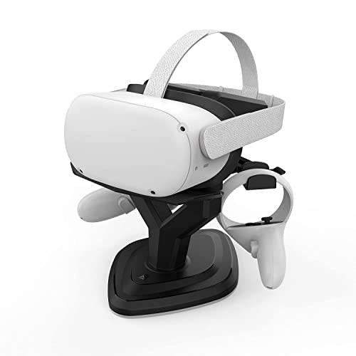 AMVR 헤드셋 VR 디스플레이 스탠드, 헬멧 and 컨트롤러 핸들 홀더 마운트 스테이션 오큘러스 퀘스트, 퀘스트 2, 오큘러스 리프트 or 리프트 S, More 안정된 and 헤비 베이스 (블랙)