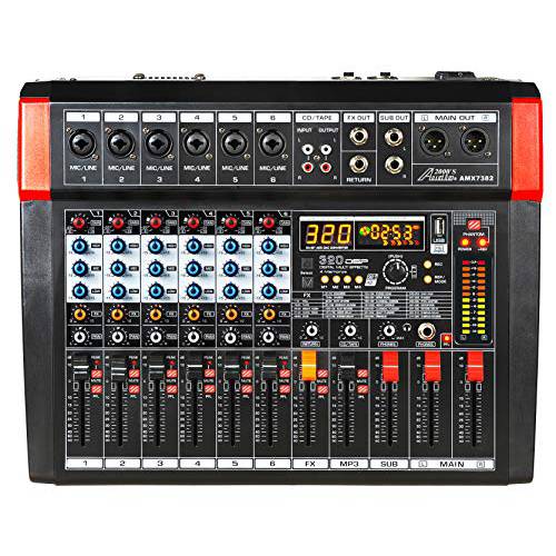 Audio2000’S AMX7382 Six-Channel 전원 오디오 믹서,휘핑기 320 DSP 사운드 효과, 스테레오 Sub Out Sub-Out Level-Control 페이더, Level-Control Faders on 모든 채널, and USB/ 컴퓨터 인터페이스