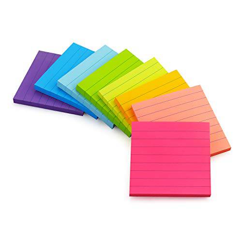 3x3 안감있는 붙여서쓰는 노트 브라이트 줄이있는 포스트 Stickies 강력 접착 메모 패드, 8 패드/ 팩, 80 시트/ 패드 (Multicolor-3x3)