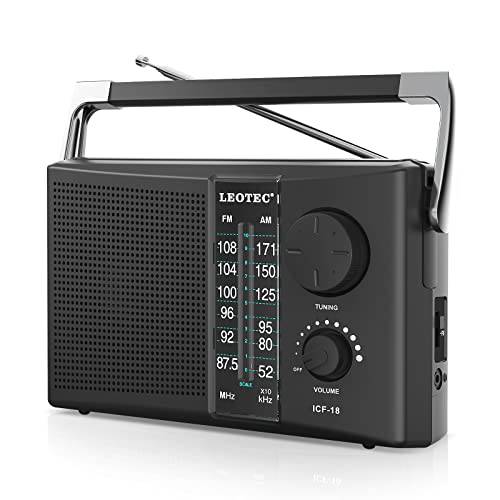 LEOTEC 휴대용 AM FM 라디오 Best 리셉션, 배터리 작동 or AC 파워, 큰 스피커, 라지 튜닝 노브, 클리어 다이얼, 이어폰 잭 선물, 노인, 홈
