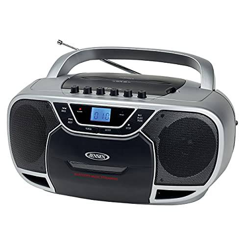 젠슨 홈 스테레오 CD/ 카세트 블루투스 붐박스 휴대용 블루투스 음악 시스템 CD 플레이어+ CD-R/ RW 오디오 CD-590BG Top-Loading CD/ MP3, AM/ FM 라디오 - ( 실버 에디션)