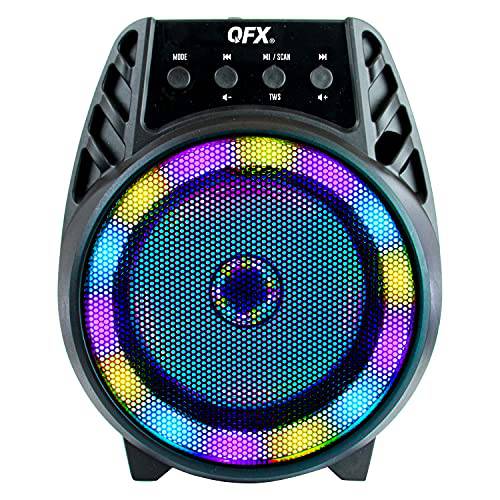 QFX BT-64 TWS 블루투스 충전식 휴대용 스피커 4” 우퍼 LED 파티 라이트, 마이크,마이크로폰 입력, AUX 입력, USB 포트, TF 카드 슬롯, 블랙