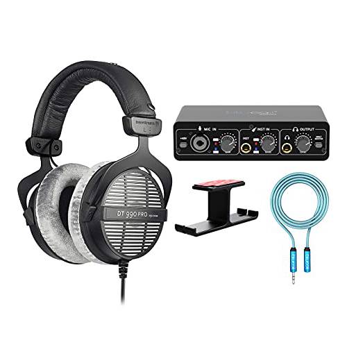 Beyerdynamics DT 990 프로 250 옴 Over-Ear 스튜디오 헤드폰,헤드셋 번들,묶음 Blucoil 휴대용 USB 오디오 인터페이스 윈도우 and Mac, 6’ 3.5mm 오디오 연장 케이블, and 알루미늄 헤드폰 후크