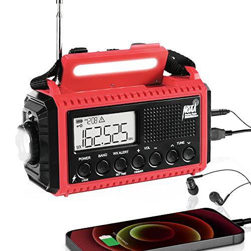 비상 라디오, 5000mAh NOAA 날씨 라디오 태양광 핸드 크랭크 전원, AM/ FM/ Shortware 휴대용 오토 경보 Raido 폰 충전기, 플래시라이트,조명, 독서 램프, SOS& 헤드폰 잭 아웃도어 생존 키트