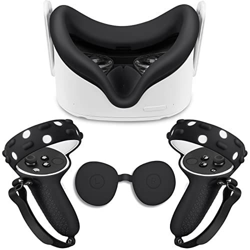 FINPAC 실리콘 보호 커버 오큘러스 퀘스트 2 게이밍 VR 악세사리 세트, 땀방지 페이스 커버+  렌즈 캡+  터치 컨트롤러 그립 커버 번들,묶음 VR 헤드셋 콤보 (블랙)