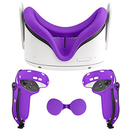 EWalos 악세사리 오큘러스/ 메타 퀘스트 2, 터치 컨트롤러 가죽 그립 후미, 페이스 커버 and 렌즈 보호 커버, Sweat-Proof, Light-Proof, Anti-Throw and Comfort-Enhancing 악세사리 Set(Purple)