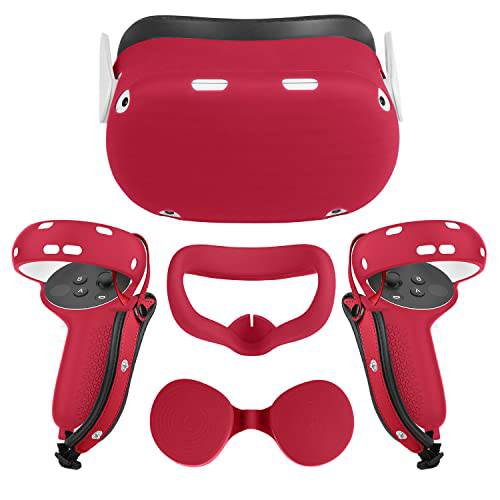 Relohas 악세사리 세트 오큘러스 퀘스트 2, 터치 컨트롤러 그립 커버, 전면 페이스 보호 커버, 실리콘 페이스 커버 렌즈 보호 커버, 프로텍트 Your VR in 모든 Aspects(4PCS, Wine-Red)