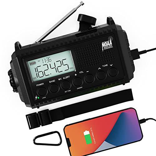 NOAA 날씨 라디오, 비상 핸드 크랭크 라디오 태양광 충전&  배터리 작동, 오토 스캔 AM/ FM/ SW/ WX 경보 라디오 LED 플래시라이트,조명 아웃도어 캠핑, USB 충전기, SOS 알람, 헤드폰 잭