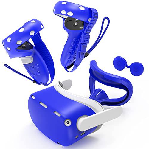 HUIUKE 터치 컨트롤러 그립 커버 오큘러스 퀘스트 2 VR 쉘 커버, 실리콘 VR 페이스 커버 패드 and 렌즈 커버, 4 in 1 실리콘 커버 세트 오큘러스 퀘스트 2 악세사리 (블루)