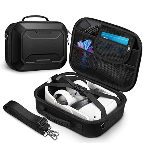 FINPAC Semi-Hard 여행용 캐링 케이스 오큘러스 퀘스트 2 VR 헤드셋, 휴대용 보관용가방 VR 터치 컨트롤러, 어댑터, 충전 케이블 (블랙)