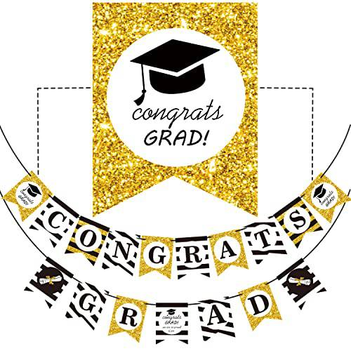 졸업 파티 데코,장식 2022, Congrats Grad 배너 골드 and 블랙 졸업 데코,장식, Congrats Grad 졸업 파티 배너 데코,장식 Class of 2022