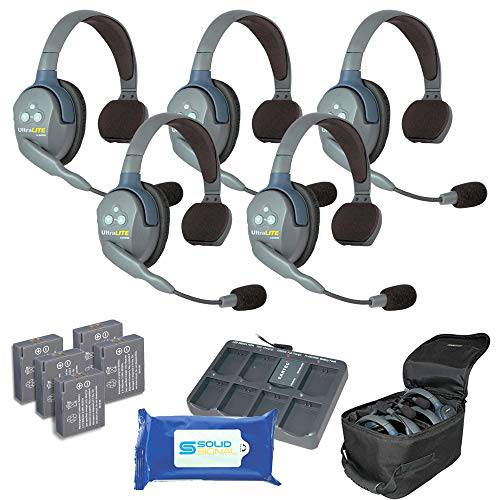 Eartec UL5S Ultralite 풀 듀플렉스 무선 헤드셋 커뮤니케이션 5 사용자 - 5 싱글 이어 헤드셋 솔리드 신호 클리닝 Wipes 번들,묶음