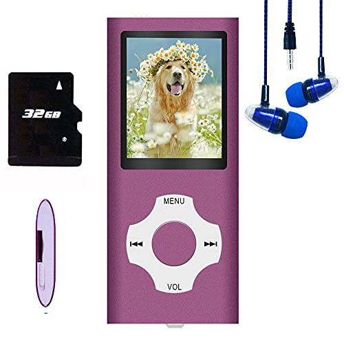 MP3 플레이어/ MP4 플레이어, Hliwoynes MP3 음악 플레이어 32GB 메모리 SD 카드 슬림 클래식 디지털 LCD 1.82’’ 스크린 미니 USB 포트 FM 라디오, 음성 LP레코드 (퍼플)
