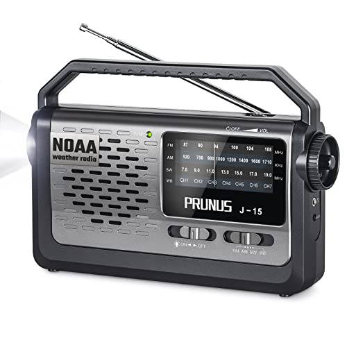 【2022 업그레이드】 PRUNUS J15 날씨 라디오 휴대용 AM FM 단파 NOAA 날씨 라디오 Best 리셉션, 비상 배터리 작동 Or AC 파워 트랜지스터 라디오 플래시라이트,조명, 이어폰 잭
