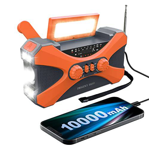 10000mAh 비상 라디오, 태양광 핸드 크랭크 라디오, 휴대용 AM/ FM/ NOAA 날씨 라디오  휴대폰, 스마트폰 충전기, LED 플래시라이트,조명, 독서 램프, SOS 알람, 생존 라디오 가정용 아웃도어 비상
