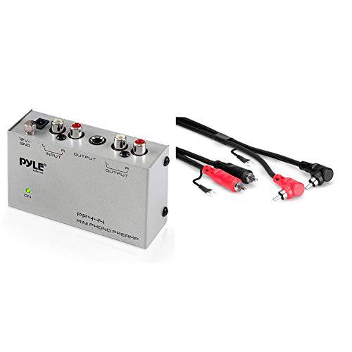 Pyle Phono 턴테이블 프리앰프 - 미니 전자제품 오디오 스테레오 축음기 프리앰프lifier (PP444)& Hosa CRA-202DJ 듀얼 RCA to 듀얼 직각 RCA 그라운드 와이어 스테레오 연결 케이블, 2 미터