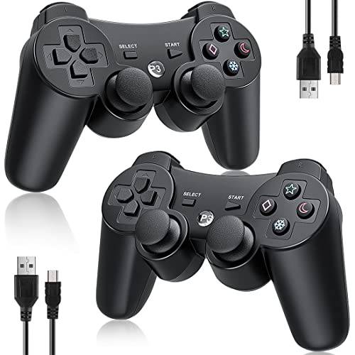 컨트롤러 2 팩 PS3 무선 컨트롤러 소니 플레이스테이션 3, 더블 충격 3, 블루투스, 충전식,  모션센서, 움직임 감지, 360° 아날로그 Joysticks, 2 USB 충전 코드, 리모컨 PS3, 블랙