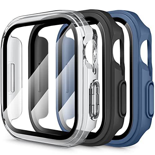 Meliya 3 팩 케이스 애플 워치 화면보호필름, 액정보호필름 45mm 시리즈 7, 하드 PC 풀 보호 커버  강화유리 애플워치 45mm, 블랙+ 투명+ 네이비 블루