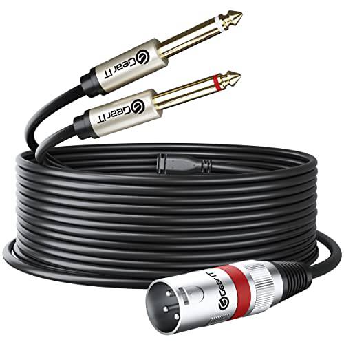 GearIT XLR Male to 듀얼 1/ 4 인치 케이블 (15ft) Y-Cable 분배기 어댑터 케이블 TS 모노 스테레오, 호환가능한 기타, 베이스, 악기, 믹서,휘핑기, Amps, 스피커, 오디오 레코딩, PC, 15 Feet