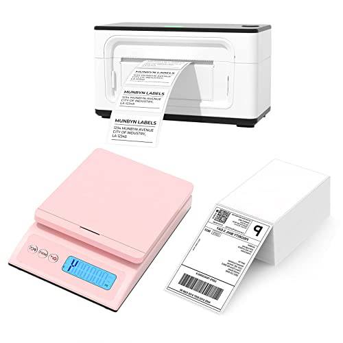 MUNBYN 핑크 디지털 배송 스케일 300dpi 라벨 프린터, 팩 of 500 4x6 라벨 용지,종이, 150mm/ s High-Speed 4x6 다이렉트 라벨 프린터 배송 Packages&  스몰 비지니스, 호환가능한 USPS, UPS