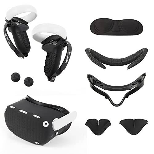 VR 악세사리 적용가능한 오큘러스 퀘스트 2, VR 컨트롤러 Gips 커버, VR 쉘 커버, VR 얼굴,페이셜 벤트 소프트 인터페이스 브라켓 악세사리 3-in-1 Set(Black/ 8Pcs 세트)