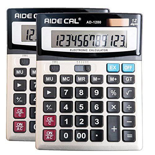 AIDECAL AD-1200 12Digits 베이직 오피스 계산기, 데스크 Calculator，Solar 에너지 and 배터리 듀얼 파워 전자제품 계산기 라지 (Sliver Two-Pack)