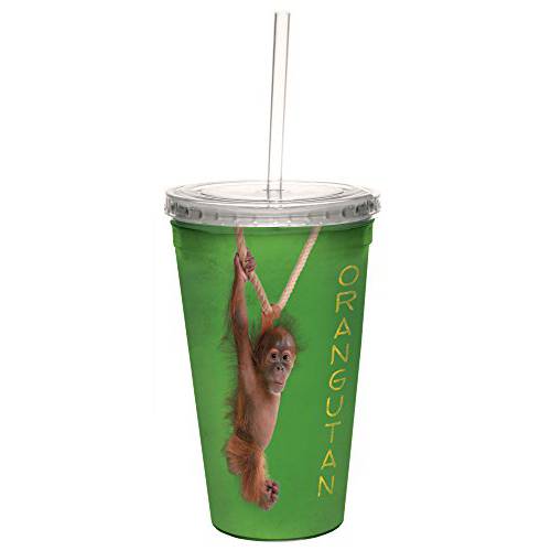 Tree-Free Greetings  쿨 컵, Double-Walled PBA 프리 빨대 and 뚜껑 여행용 보온,보냉 텀블러, 16 Ounces, Orangutan