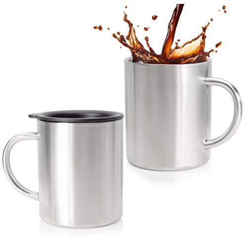 스테인레스 스틸 커피 머그잔 2 개 - 뚜껑이 달린 이중 벽 절연 커피 머그잔 세트 - 14 온스 스테인레스 스틸 커피 컵 - 냉 / 온 음료에 적합