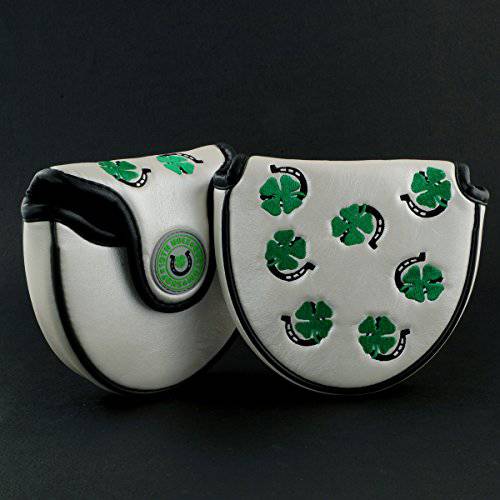 19th Hole Custom Shop 4-Leaf Clover and Horseshoe Mallet Putter Headcover, Heel Shafted, White, Golf Head Cover