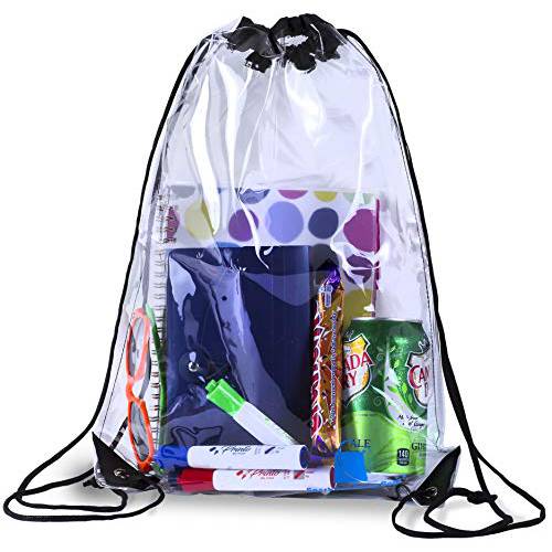 Clear Drawstring Backpack Stadiam Aproved Bag For School, Security Travel, Sports, Waterproof ? Clear Vinyl body with Black Draw String Bag Premium