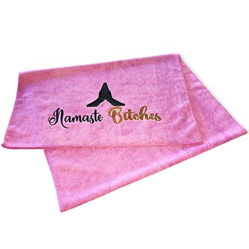Funny Microfiber Yoga Gym Towel - Premium Novelty Pilates Workout Towel With Fun Quote - Sweat Absorbent for Hot Yoga, Washable & Non-Slip - Fits Standard Fitness Mat 24” x 68” - Pink Namaste Bitc