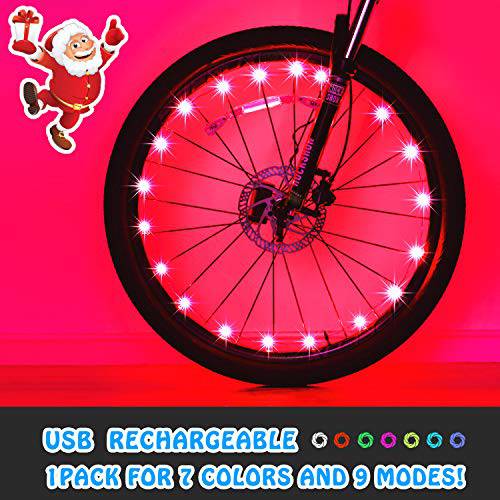 Evaduol Bike Wheel Lights, 7 Colors in 1 Bike Lights,Safety at Night,Switch 9 Modes LED Bike Accessories Lights, USB Rechargeable 1 Pack