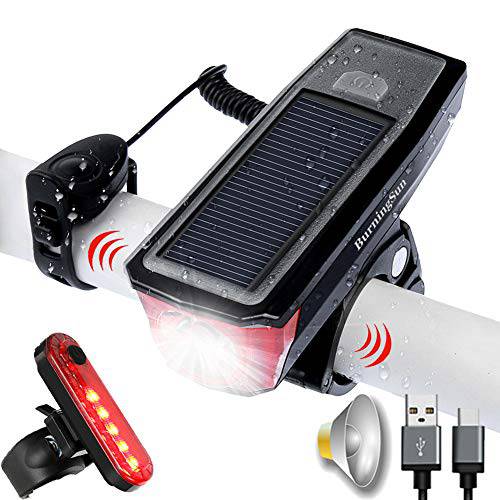 BurningSun Bike Light Set and Horn Solar Powered USB Rechargeable 4 Mode Bicycle Headlight Taillight Combinations Front Back Light & Bell for Cycling Riding Safety Warning Rear Tail Light LED Speaker