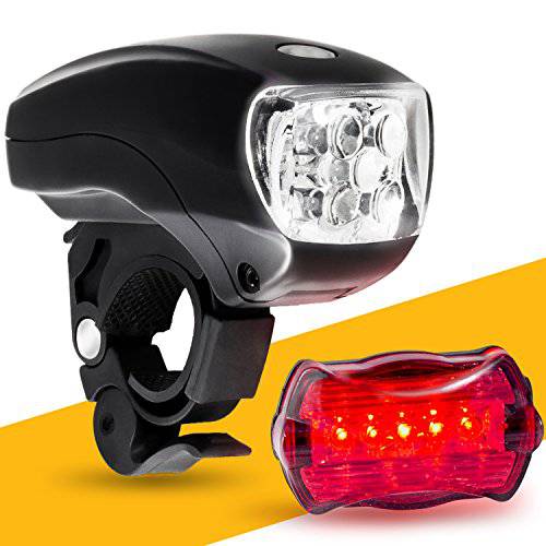 BoG 제품 LED 자전거 라이트 세트. 자전거 헤드 라이트 및 테일 라이트 콤보. Ultrabright 5 LED 키트. 자전거 또는 스쿠터에서 사용하십시오. 무료로 높은 가시성 반사판 ~ 그림에서 BG 라이트 선물 상자에