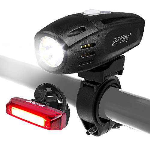 BV 방수 USB 충전식 (배터리 표시기 포함) 알루미늄 합금 자전거 라이트 페어 슈퍼 밝은 헤드 라이트 및 무료 빨간색 LED 미등 1 년 보증 (R1)