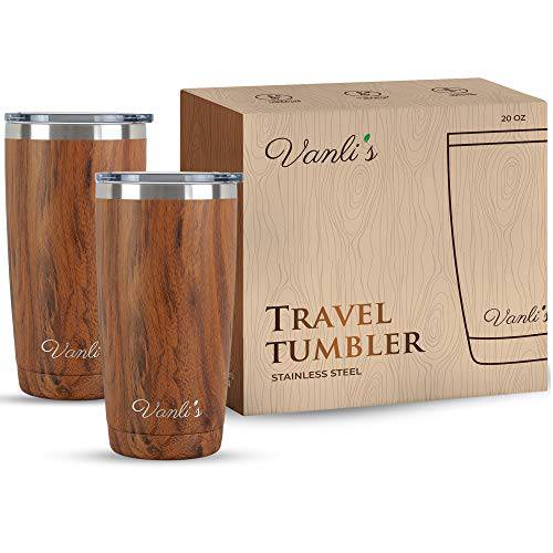 Vanlis Stainless-Steel Insulated Travel Tumblers | Reusable Thermos Coffee Mugs with Spill-Resistant Lids | Walnut Wood Grain Tumbler 4 People on-the-Go | Great for Coffee, Tea & Cold Drinks | 20 oz.