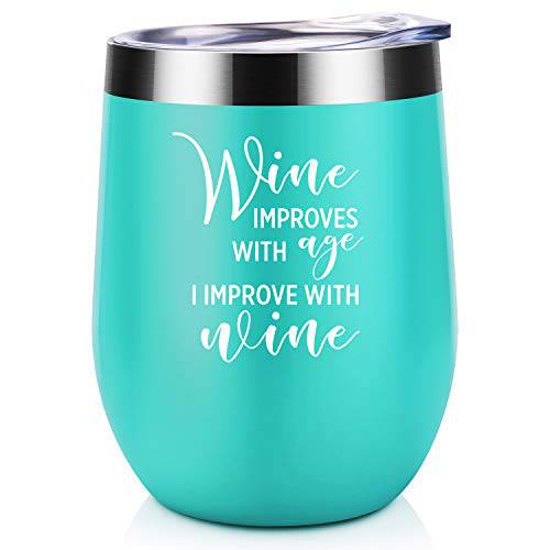 Wine Improves with Age I Improve with Wine | Coolife 12 oz Stainless Steel Novelty Wine Tumbler Insulated Stemless Funny Sippy Cup with Lid and Straw | Unique Gift Idea for Women