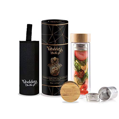 The Goddess On The Go Tumbler with Stainless Steel Infuser | BPA Free Double Wall Glass Travel Mug with Natural Bamboo Lid | Leakproof Tea Bottle For Easy Tea Infusion, Fruit Infusion, Hot & Cold Tea