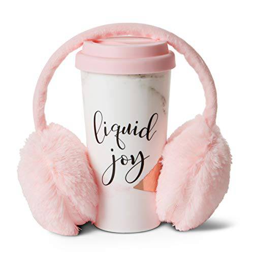 Insulated Tumbler and Ear Muff Set (Liquid Joy): Tri-Coastal Design Thermal Travel Mug and Adjustable Pink Headband Ear Warmers - Mugs Keeps Coffee and Hot Cocoa Warm - Gift Set for Girls and Women