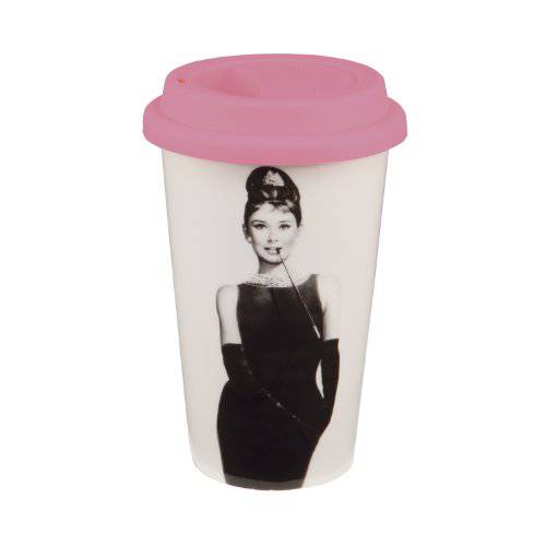 Vandor 92051 Tiffanys에서의 Audrey Hepburn 아침 식사 12 온스 실리콘 뚜껑, 핑크, 검정 및 흰색의 이중벽 세라믹 여행용 머그잔