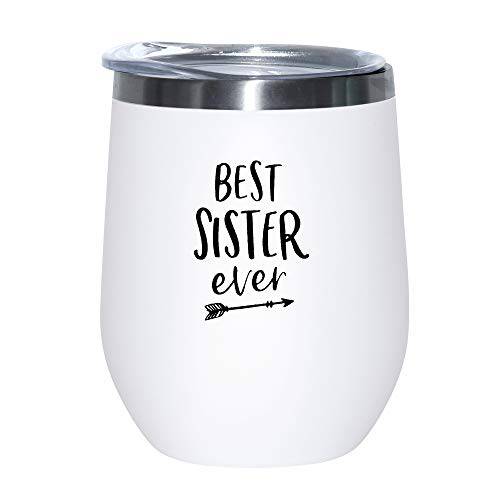 Best Sister Ever - 12 oz White Stainless Steel Insulated Wine Tumbler with Lid - Birthday Christmas Gift for Sister