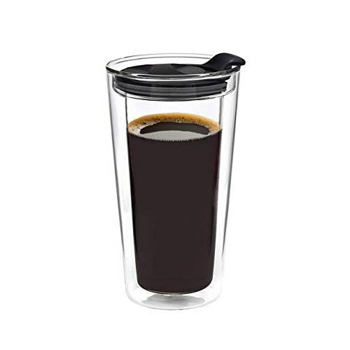 Godinger Glass Travel 커피 머그잔과 뚜껑 - 더블 벽 보온병 보온 붕질 텀블러, For To Go 커피 티 핫 드링크, 12 fl.oz