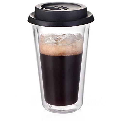 뚜껑이있는 유리 여행 커피 머그잔 - 이중 벽 온도 보온성 붕 규산염 텀블러, 커피를 마시기 위해 뜨거운 음료에는 BPA가없는 실리콘 여행용 뚜껑, 14 fl.oz가 포함되어 있습니다.