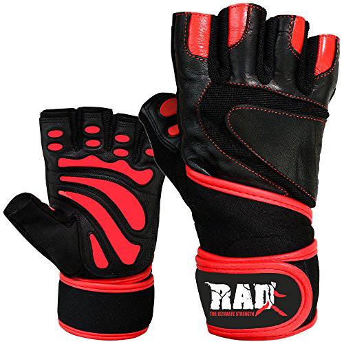 RAD Leather Weight Lifting Long Wrist Wraps Gloves Gym Fitness Exercise Body Building Black/Red
