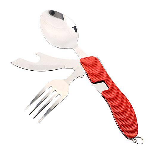 FULARR Upgrade Camping Utensils Cutlery Set, 4-in-1 Folding & Detachable Flatware Fork Spoon Knife Bottle Opener, Stainless Steel Camping Tableware with Aluminum Alloy Handle ?? Red