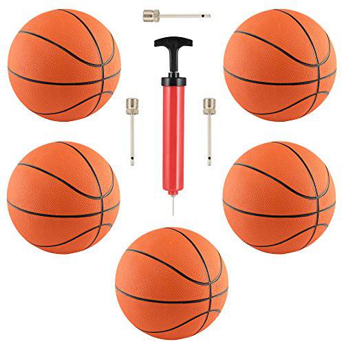 (5 Pack) Rubber 7 Basketballs for Indoor/Outdoor Use. Includes 10 Hand Pump with Needle for Basketballs, and 3 extra needles By M & M Products Online