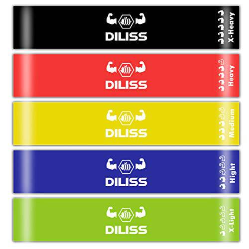 DILISS Resistance Bands 운동 용 루프 - 운동 용 플렉스 밴드, 운동 요법, 물리 치료 및 기타, 캐리 백, 전자 책 및 온라인 운동 동영상, 5 종 세트