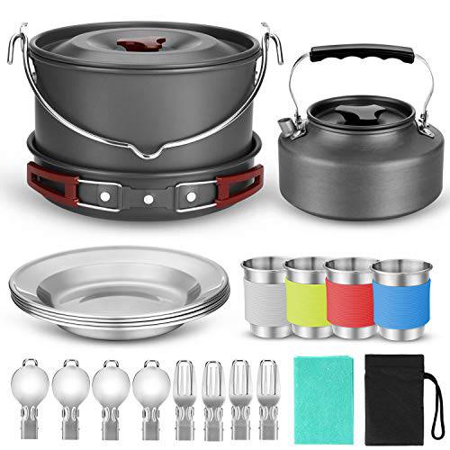 Odoland 10pcs Camping Cookware Mess Kit, Lightweight Pot Pan Kettle with 2 Cups, Fork Knife Spoon Kit for Backpacking, Outdoor Camping Hiking and Picnic