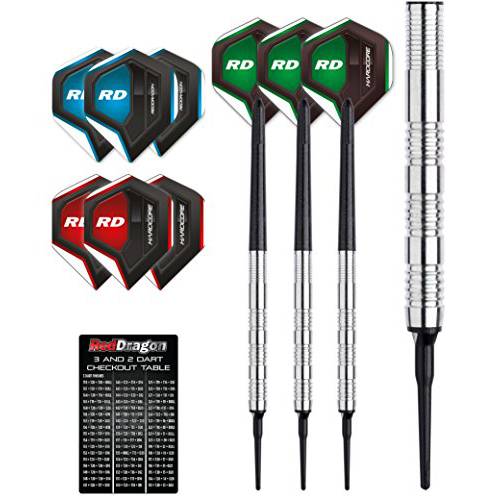 Red Dragon Raider 1: 18g Soft Tip - 90% Tungsten Steel Darts with Blue Hardcore Extra Thick Flights, Shafts, Case & Red Dragon Checkout Card